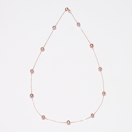 45cm Rose Gold-Plated Pearl Station Necklace with Pink Pearls
