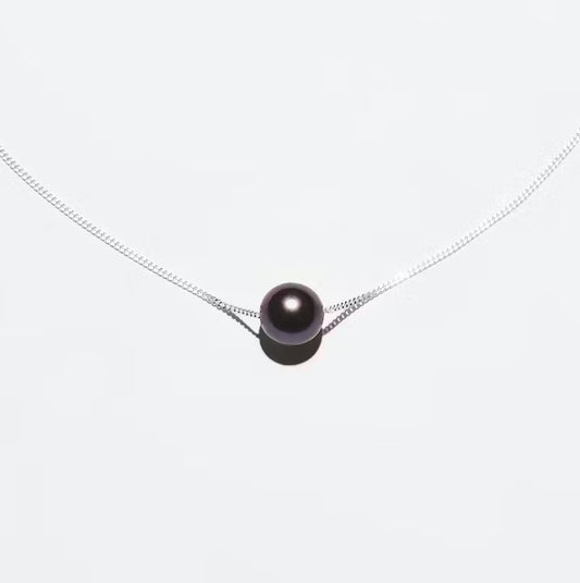 42cm Floating Pearl Sterling Silver Slider Necklace - Tahitian Black Pearl