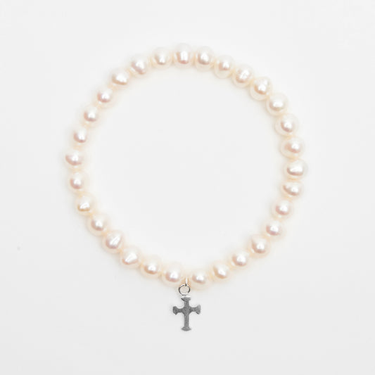 Elly Elasticated White Freshwater Pearl Bracelet with Cross Charm