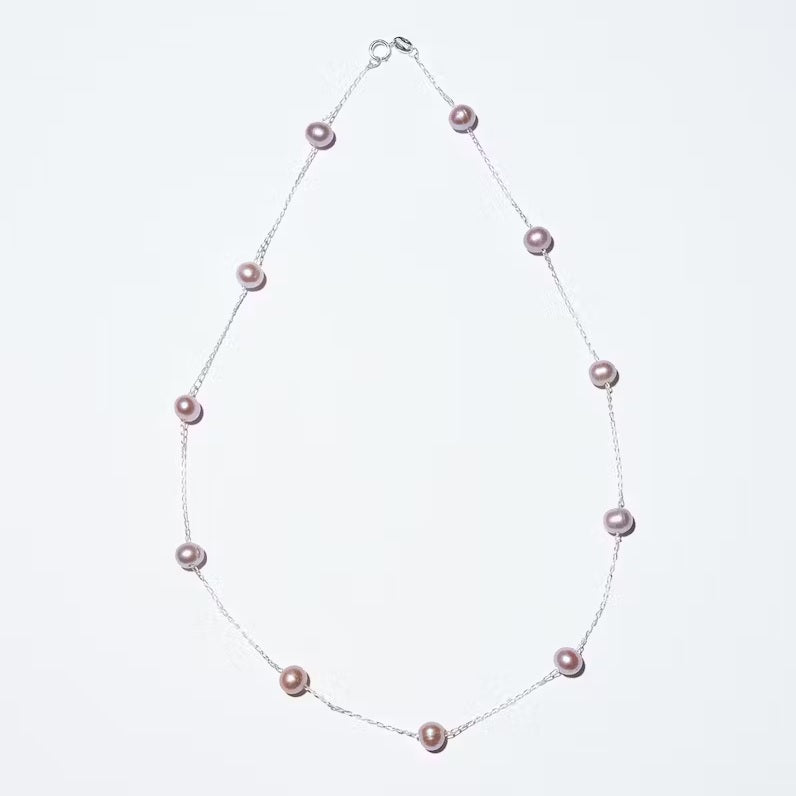 Pearl Station Sterling Silver Necklace - Natural Pink Pearl