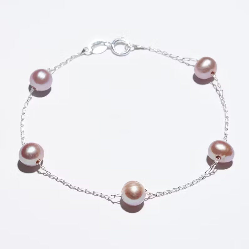 6mm Sterling Silver Pearl Station Bracelet - Natural Pink Pearl