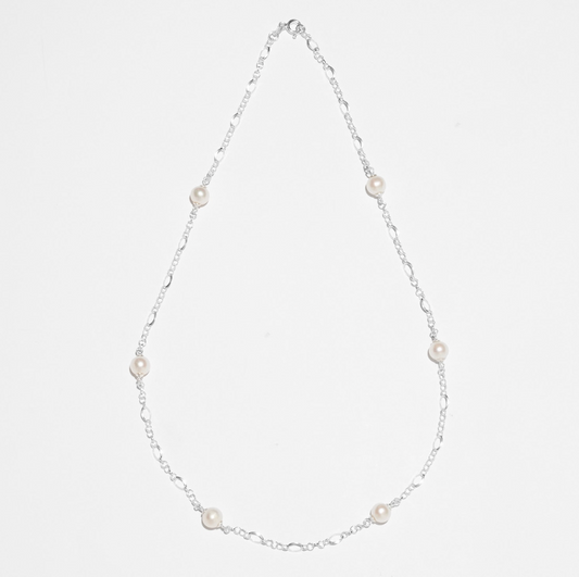 Pearl Station Sterling Silver Necklace - White Pearl