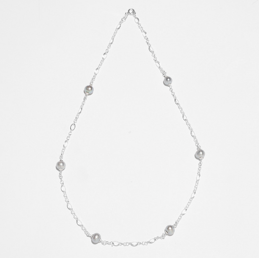Pearl Station Sterling Silver Necklace - Grey Pearl