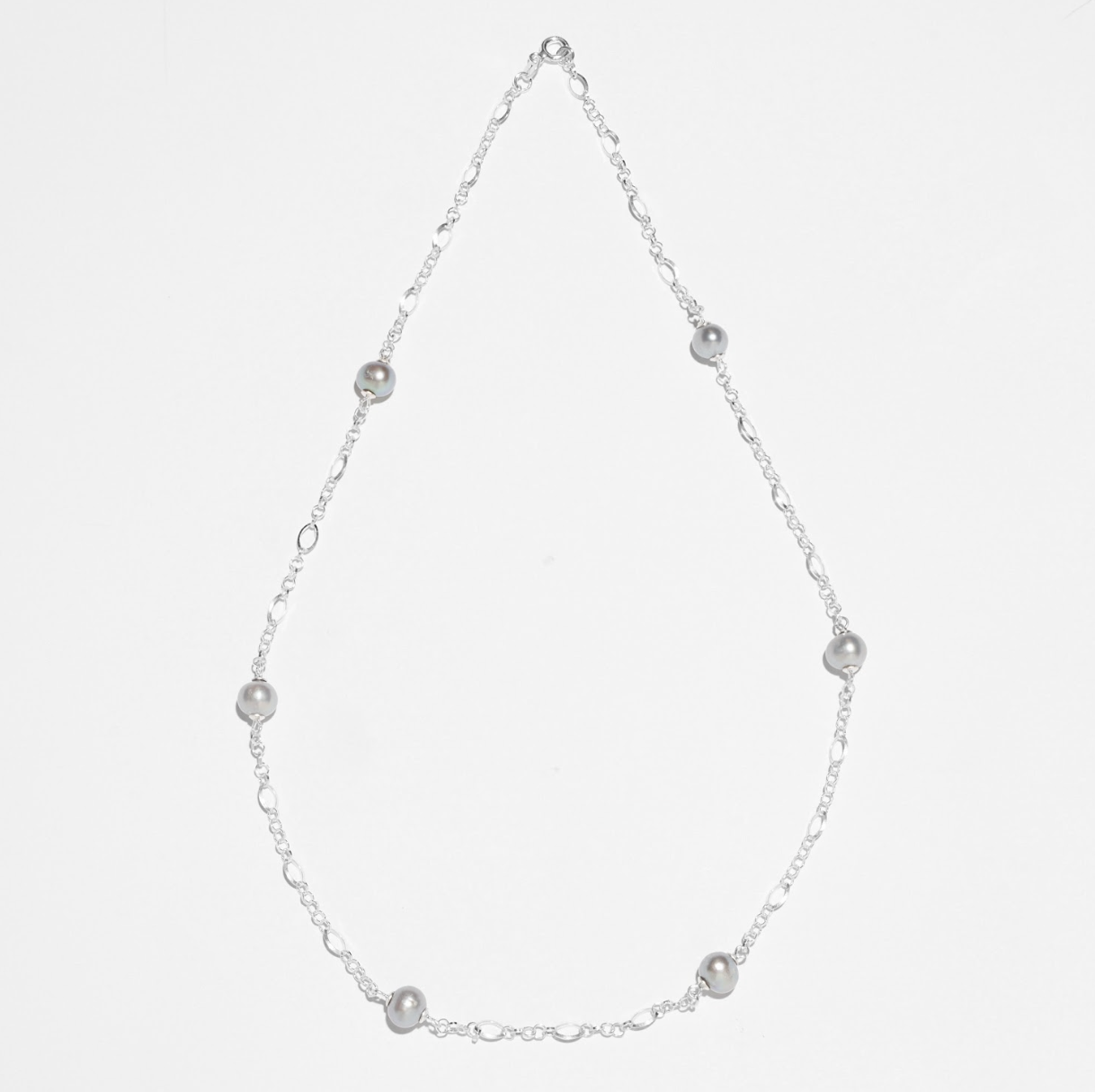Pearl Station Sterling Silver Necklace - Grey Pearl